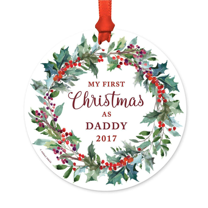 Custom Family Metal Christmas Ornament, Our First Christmas, Red Holiday Wreath, Includes Ribbon and Gift Bag, Year-Set of 1-Andaz Press-Daddy-