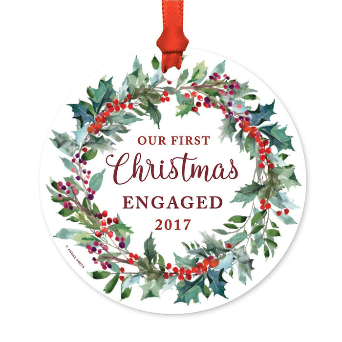 Custom Family Metal Christmas Ornament, Our First Christmas, Red Holiday Wreath, Includes Ribbon and Gift Bag, Year-Set of 1-Andaz Press-Engaged-