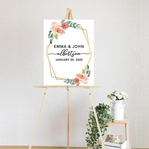 Custom Floral Canvas Wedding Guestbook Welcome Signs-Set of 1-Andaz Press-Modern Geometric Floral Hexagon Frame-