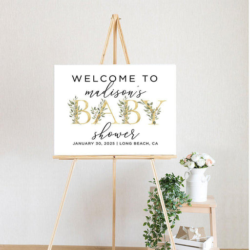 Custom Greenery Baby Shower Canvas Welcome Signs-Set of 1-Andaz Press-Gold Greenery Baby-