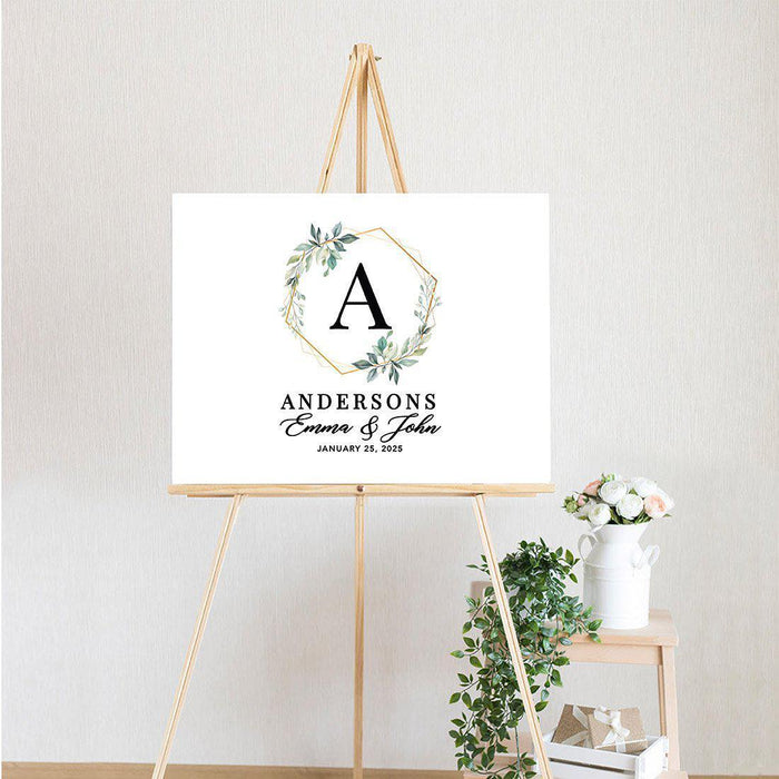 Custom Greenery Canvas Wedding Guestbook Welcome Signs-Set of 1-Andaz Press-Fall Leaf Greenery Monogram Wreath-