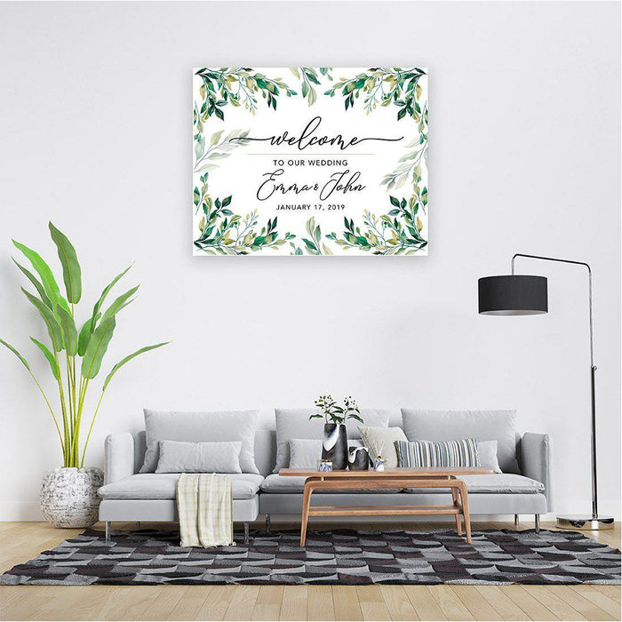 Custom Greenery Canvas Wedding Guestbook Welcome Signs-Set of 1-Andaz Press-Fall Leaf Greenery Monogram Wreath-