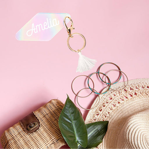 Custom Iridescent Acrylic Retro Motel Keychain-Set of 1-Andaz Press-Custom Iridescent Retro Motel Keychain-