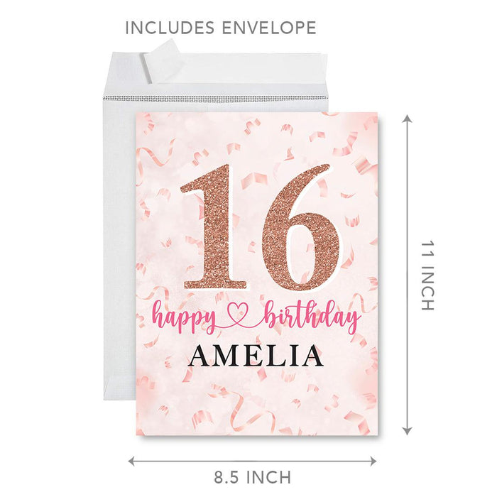 Custom Jumbo Happy 16 Birthday Card with Envelope-Set of 1-Andaz Press-Rose Gold-