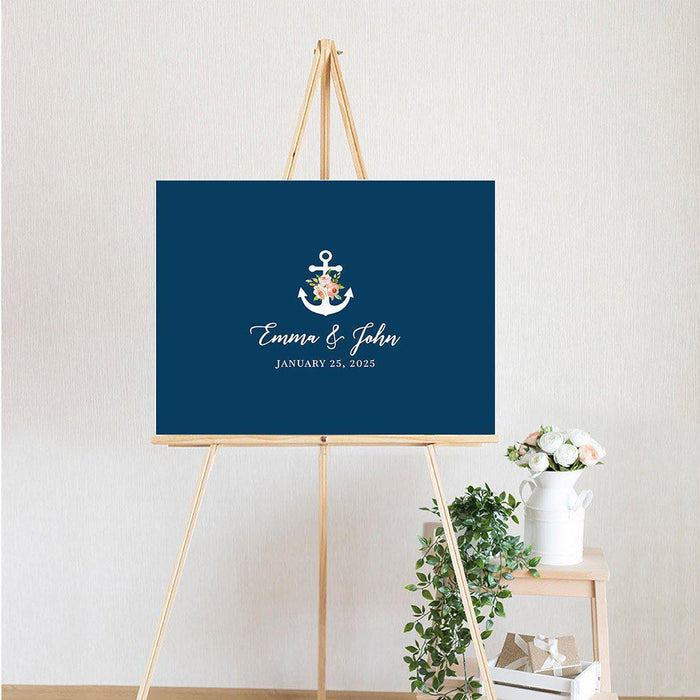 Custom Nautical Canvas Wedding Guestbook Welcome Signs-Set of 1-Andaz Press-Nautical Floral Anchor-