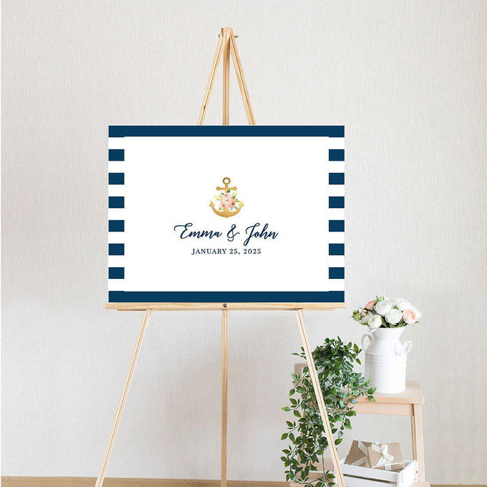 Custom Nautical Canvas Wedding Guestbook Welcome Signs-Set of 1-Andaz Press-Nautical Floral Anchor-