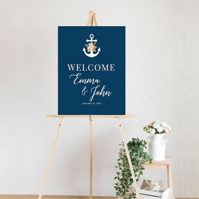 Custom Nautical Canvas Wedding Guestbook Welcome Signs-Set of 1-Andaz Press-Nautical Floral Anchor-