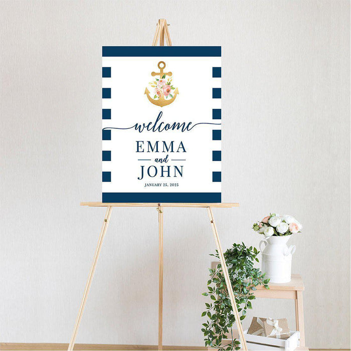 Custom Nautical Canvas Wedding Guestbook Welcome Signs-Set of 1-Andaz Press-Nautical Floral Anchor-