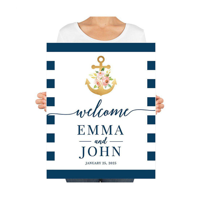 Custom Nautical Canvas Wedding Guestbook Welcome Signs-Set of 1-Andaz Press-Nautical Floral Anchor-