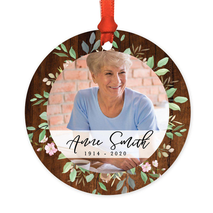 Custom Photo Memorial Round Metal Christmas Tree Ornament Keepsake, In Loving Memory-Set of 1-Andaz Press-Rustic Wood-