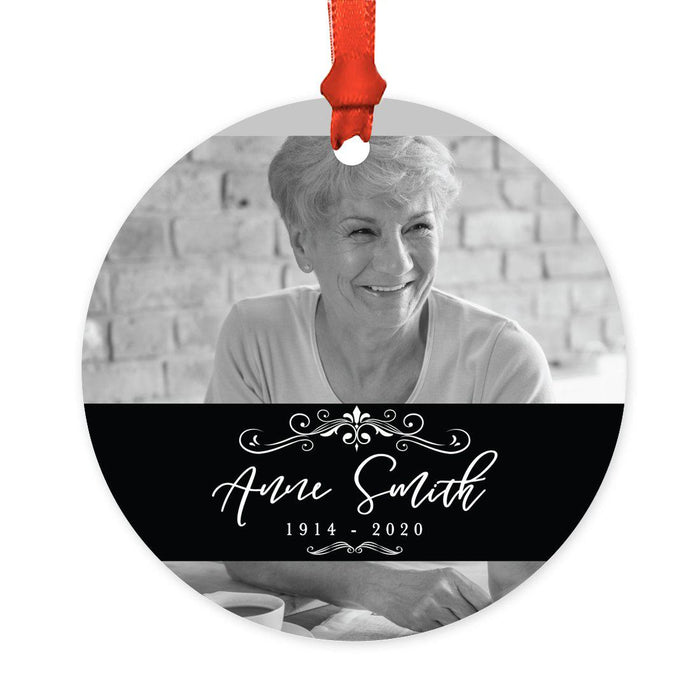 Custom Photo Memorial Round Metal Christmas Tree Ornament Keepsake, In Loving Memory-Set of 1-Andaz Press-Swirl Design-