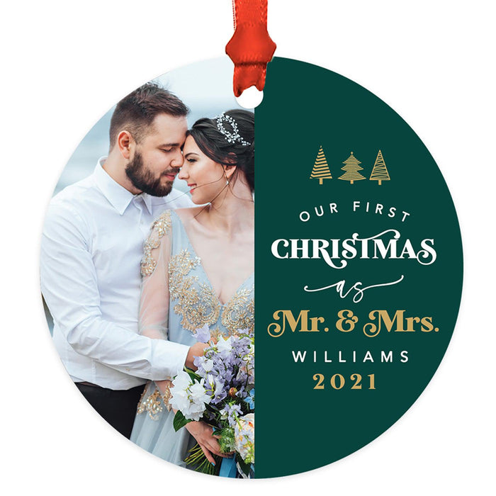 Custom Photo Our First Christmas As Mr. & Mrs. 20XX Round Metal Ornaments, 1st Year Married-Set of 1-Andaz Press-Christmas Trees-