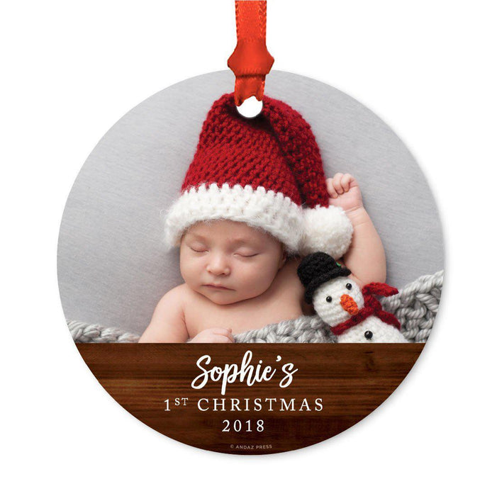 Custom Photo Personalized Christmas Ornament, Rustic Wood, 1st Christmas-Set of 1-Andaz Press-Engaged-