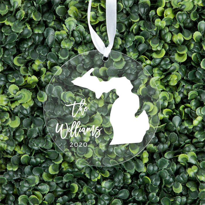 Custom Round Clear Acrylic US State Christmas Ornament Keepsake, Long Distance Christmas Ideas-Set of 1-Andaz Press-Michigan-