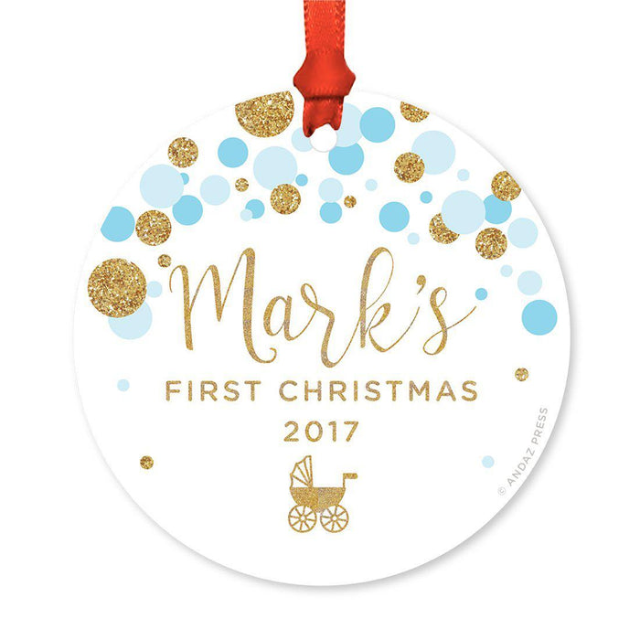 Custom Round Metal Christmas Ornament, Baby's First Christmas, Custom Name, Year-Set of 1-Andaz Press-Blue Glittering Dots-