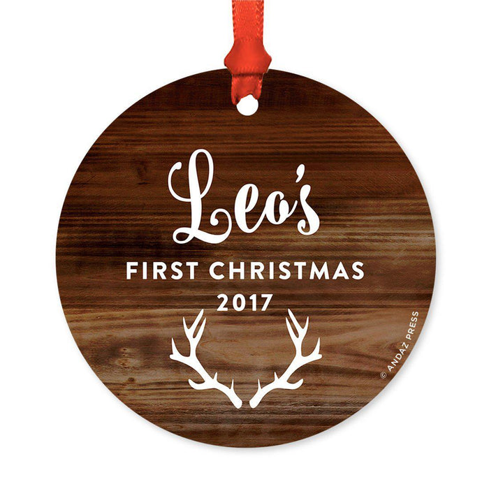 Custom Round Metal Christmas Ornament, Baby's First Christmas, Custom Name, Year-Set of 1-Andaz Press-Deer Antlers-