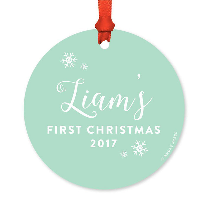 Custom Round Metal Christmas Ornament, Baby's First Christmas, Custom Name, Year-Set of 1-Andaz Press-Elegant Mint Green-
