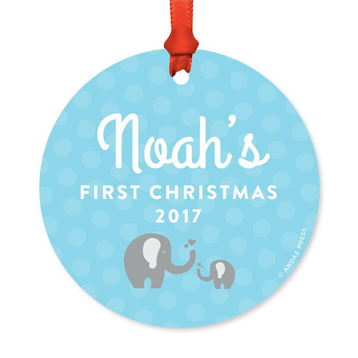 Custom Round Metal Christmas Ornament, Baby's First Christmas, Custom Name, Year-Set of 1-Andaz Press-Elephant Blue-