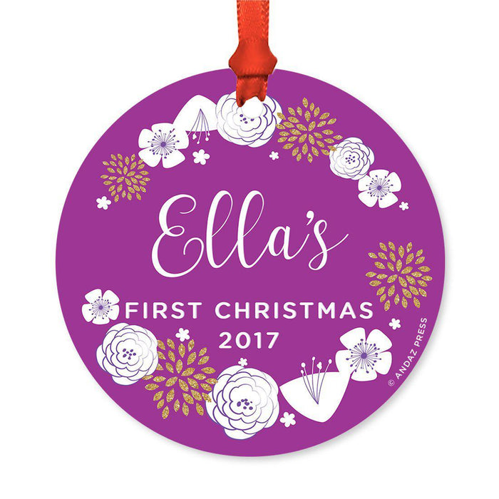 Custom Round Metal Christmas Ornament, Baby's First Christmas, Custom Name, Year-Set of 1-Andaz Press-Lavender Purple Floral-
