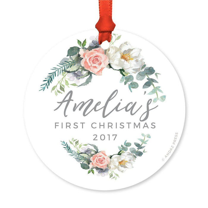 Custom Round Metal Christmas Ornament, Baby's First Christmas, Custom Name, Year-Set of 1-Andaz Press-Peach Coral Floral-