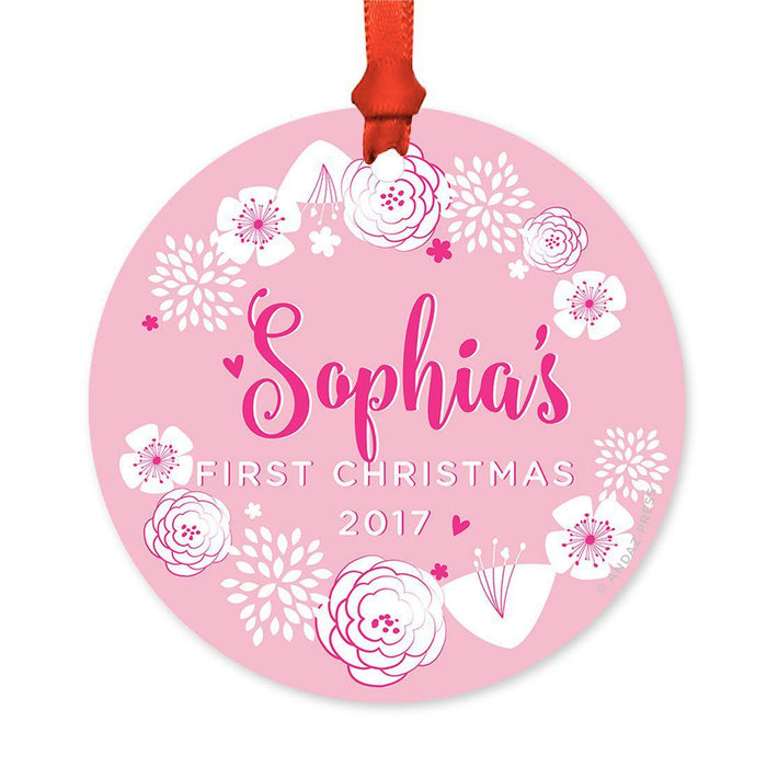 Custom Round Metal Christmas Ornament, Baby's First Christmas, Custom Name, Year-Set of 1-Andaz Press-Pink Fuchsia Floral-