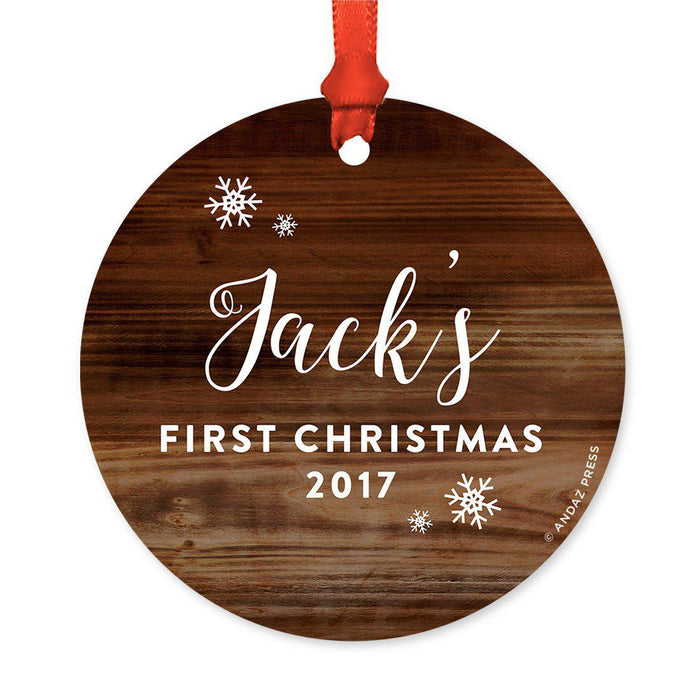 Custom Round Metal Christmas Ornament, Baby's First Christmas, Custom Name, Year-Set of 1-Andaz Press-Rustic Wood-