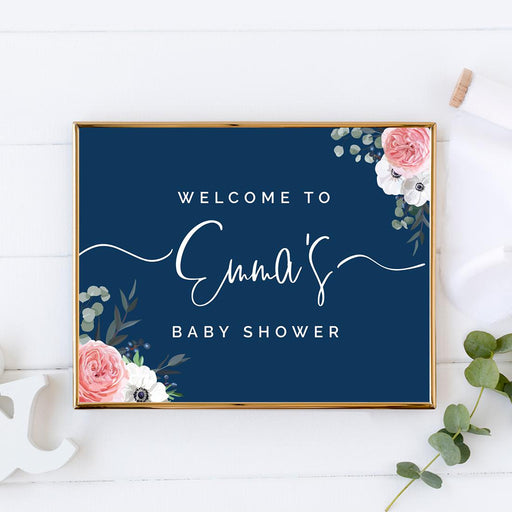 Custom Unframed Winter Navy Blue with Eucalyptus Blossoms Party Sign Baby Shower, Floral Graphic Design-Set of 1-Andaz Press-Welcome Custom-