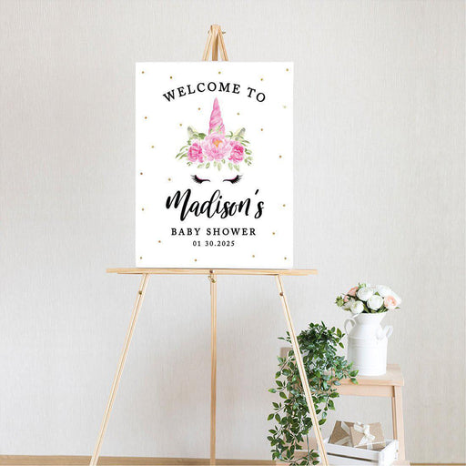 Custom Unicorn Baby Shower Canvas Welcome Signs-Set of 1-Andaz Press-Watercolor Unicorn-