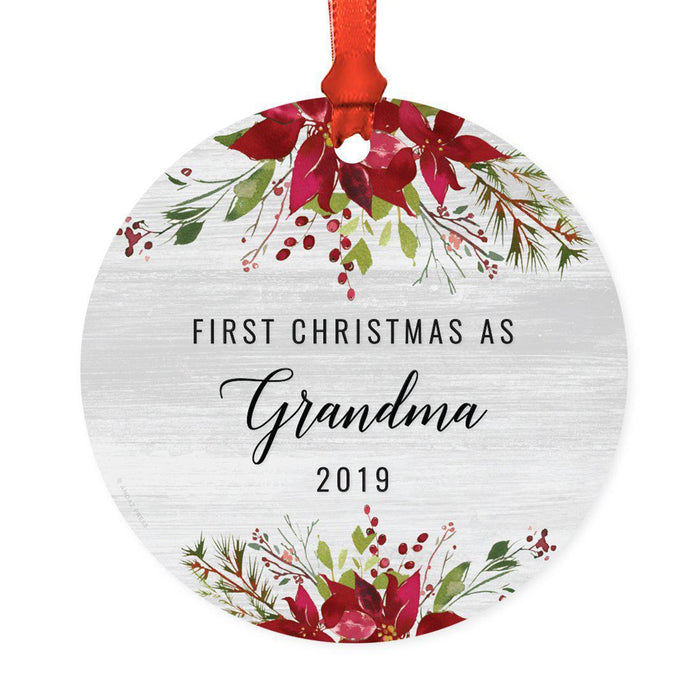Custom Year Round Metal Christmas Ornament, Farmhouse Rustic Gray Wood Deep Red Poinsettia Flower-Set of 1-Andaz Press-Grandma-