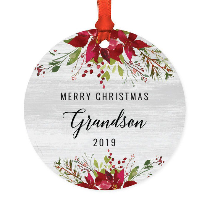 Custom Year Round Metal Christmas Ornament, Farmhouse Rustic Gray Wood Deep Red Poinsettia Flower-Set of 1-Andaz Press-Grandson-