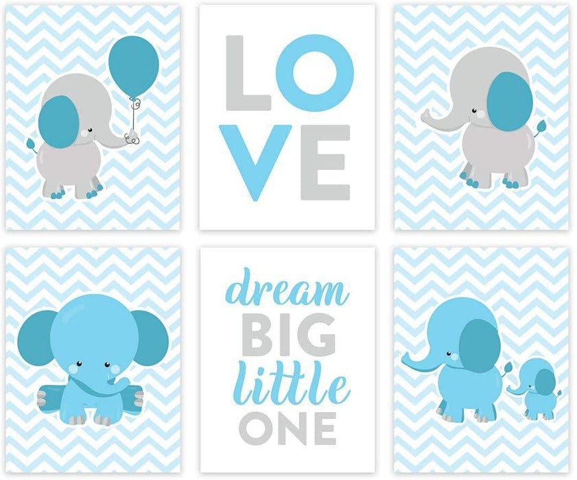 Elephant Theme Boys Nursery Hanging Wall Art, Gray Baby Blue Elephant, Love, Dream Big Little One-Set of 6-Andaz Press-