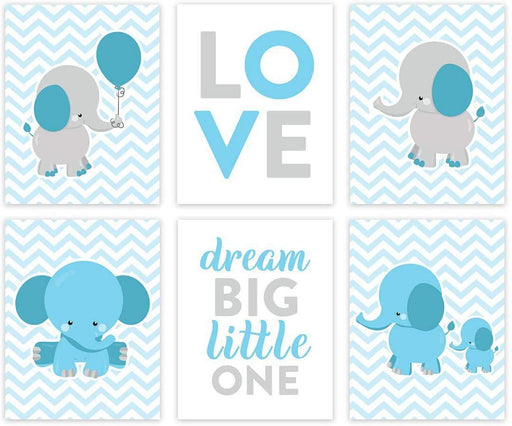 Elephant Theme Boys Nursery Hanging Wall Art, Gray Baby Blue Elephant, Love, Dream Big Little One-Set of 6-Andaz Press-