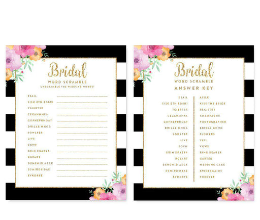 Floral Gold Glitter Wedding Bridal Shower Game Cards-Set of 20-Andaz Press-Word Scramble-