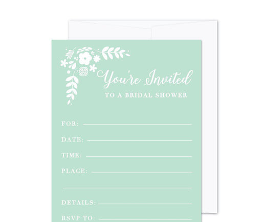 Floral Mint Green Wedding Blank Bridal Shower Invitations with Envelopes-Set of 20-Andaz Press-