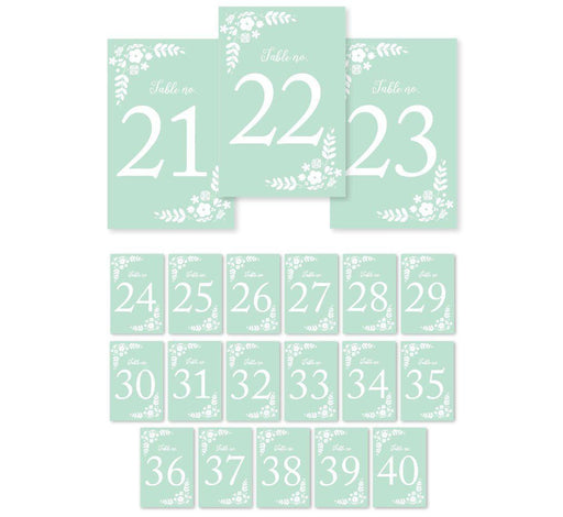 Floral Mint Green Wedding Table Numbers-Set of 20-Andaz Press-21-40-