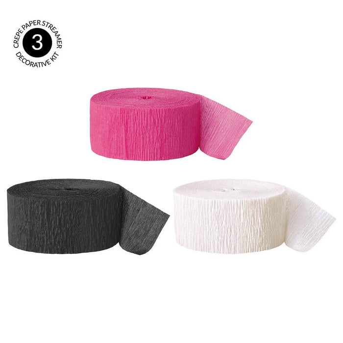 Fuchsia, Black, White Crepe Paper Streamer Hanging Decorative Kit-Set of 3-Andaz Press-