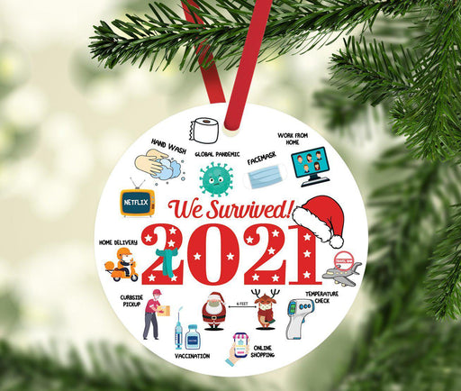 Funny Christmas Ornaments 2021 Round Metal Ornament, White Elephant Ideas-Set of 1-Andaz Press-We Survived 2021-