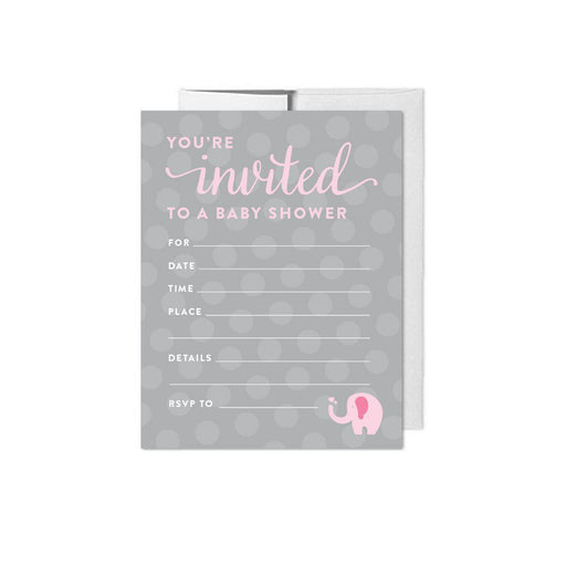 Girl Elephant Baby Shower Party Blank Invitations-Set of 20-Andaz Press-