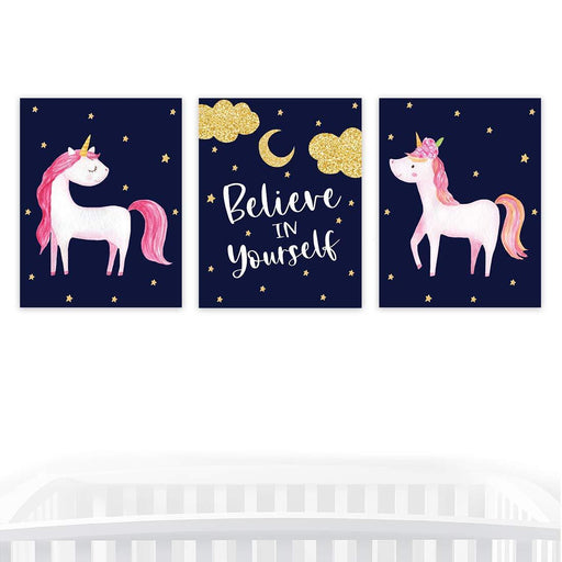 Girls Nursery Room Wall Art, Galaxy Navy Blue Unicorn Believe in Yourself-Set of 3-Andaz Press-