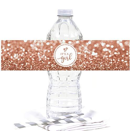 Glitzy Faux Rose Gold Glitter Water Bottle Baby Shower Labels, It's a