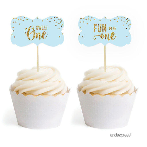 Gold Glitter 1st Birthday Fancy Frame Cupcake Topper DIY Party Favors Kit-Set of 20-Andaz Press-Light Blue-