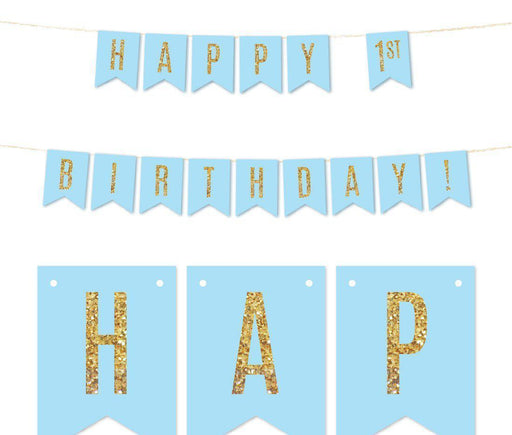 Gold Glitter 1st Birthday Hanging Pennant Party Banner-Set of 1-Andaz Press-Baby Blue-