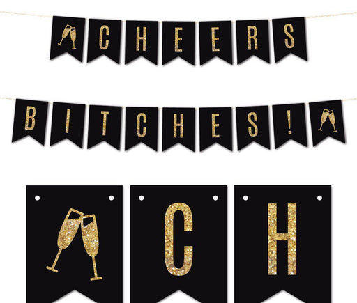 Gold Glitter Cheers Bitches! Wedding Bachelorette Pennant Party Banner-Set of 1-Andaz Press-