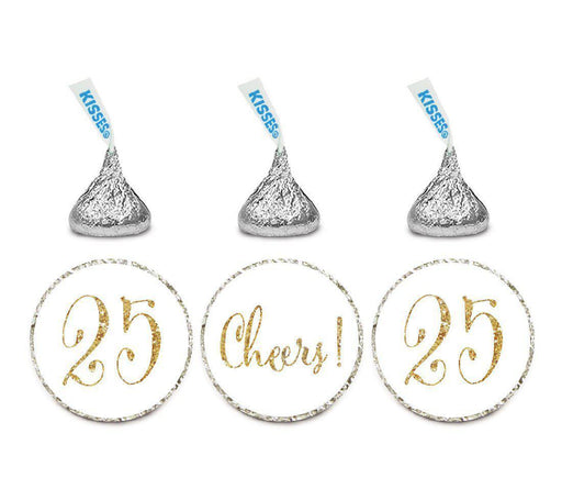 Gold Glitter Hershey's Kisses Stickers, Cheers 25, Happy 25th Birthday, Anniversary, Reunion-Set of 216-Andaz Press-White-