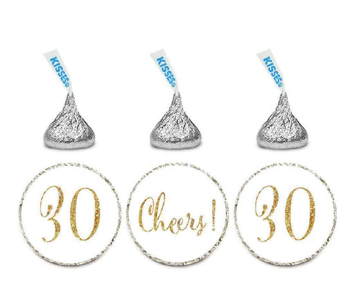 Gold Glitter Hershey's Kisses Stickers, Cheers 30, Happy 30th Birthday, Anniversary, Reunion-Set of 216-Andaz Press-White-