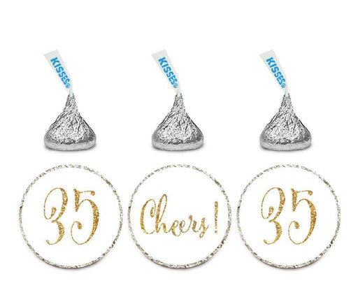 Gold Glitter Hershey's Kisses Stickers, Cheers 35, Happy 35th Birthday, Anniversary, Reunion-Set of 216-Andaz Press-White-