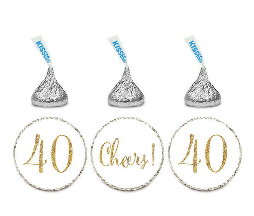 Gold Glitter Hershey's Kisses Stickers, Cheers 40, Happy 40th Birthday, Anniversary, Reunion-Set of 216-Andaz Press-White-