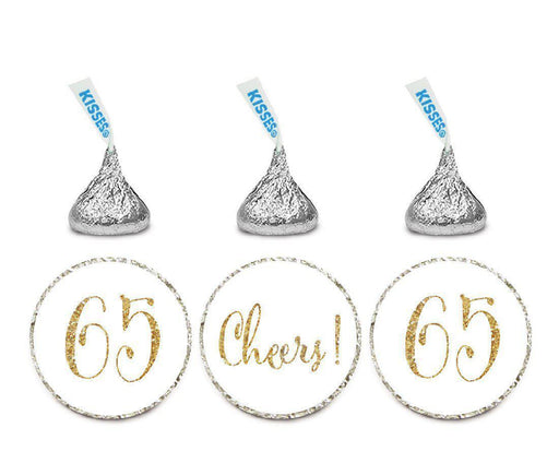 Gold Glitter Hershey's Kisses Stickers, Cheers 65, Happy 65th Birthday, Anniversary, Reunion-Set of 216-Andaz Press-White-