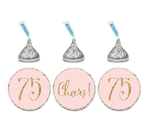 Gold Glitter Hershey's Kisses Stickers, Cheers 75, Happy 75th Birthday, Anniversary, Reunion-Set of 216-Andaz Press-Blush Pink-