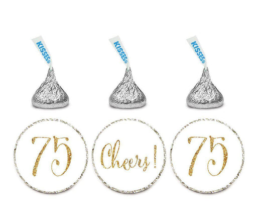 Gold Glitter Hershey's Kisses Stickers, Cheers 75, Happy 75th Birthday, Anniversary, Reunion-Set of 216-Andaz Press-White-